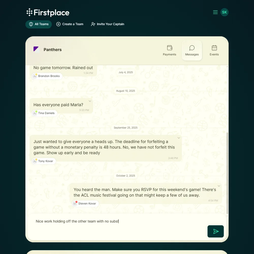 Screenshot of team messages